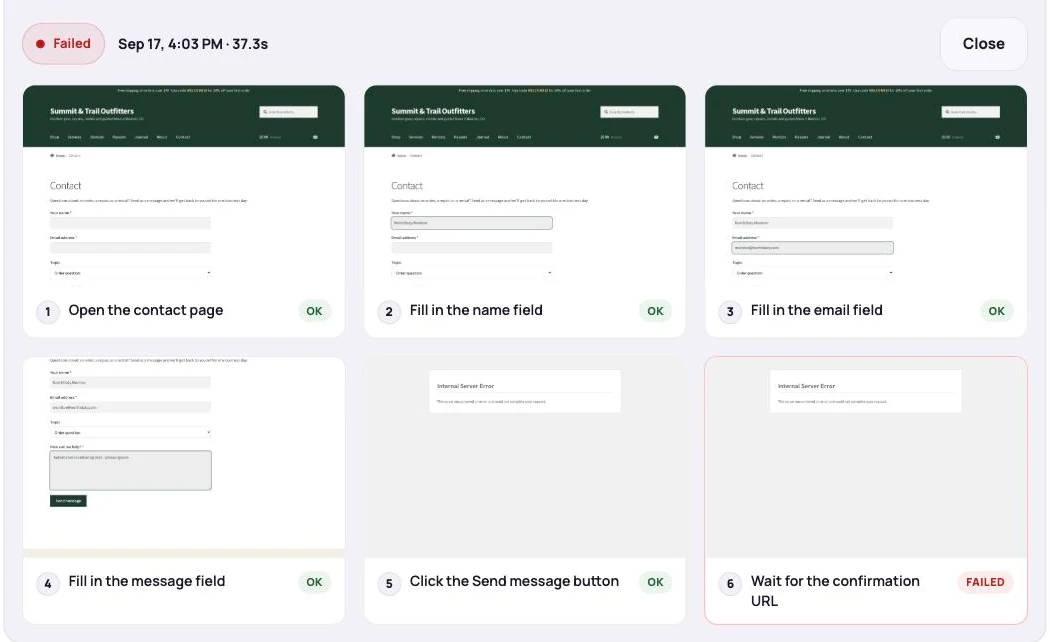 NorthDuty journey run for a contact form: steps 1 to 5 pass, step 6 fails with an Internal Server Error screenshot after the Send message click