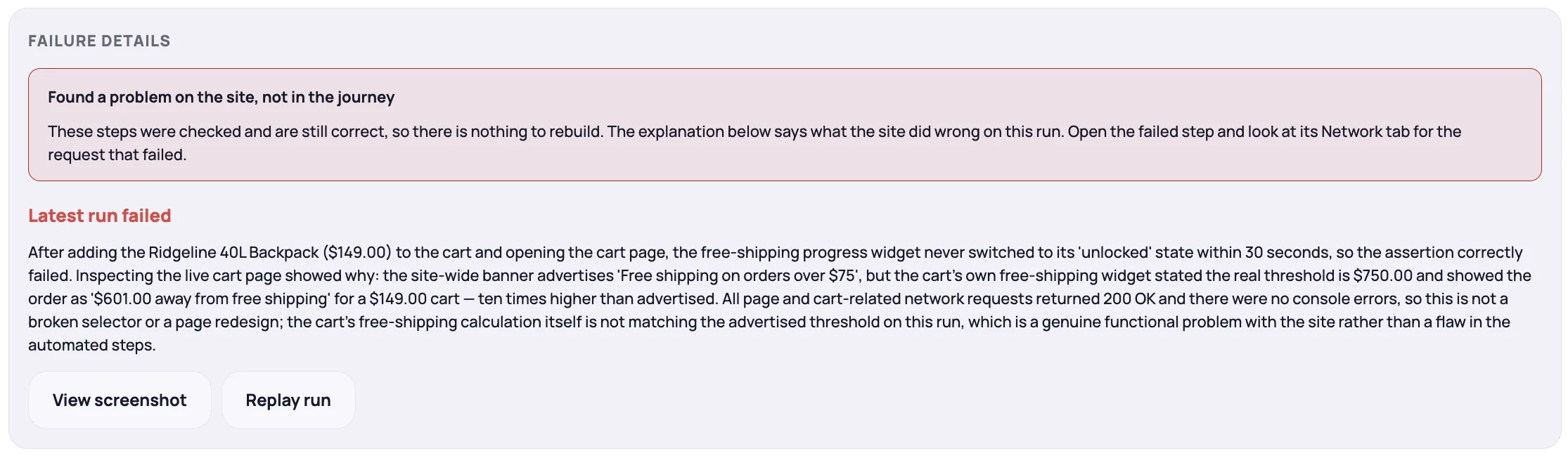 NorthDuty failure details for a demo store journey: found a problem on the site, not in the journey — the cart enforces a $750 free-shipping threshold while the banner advertises $75.